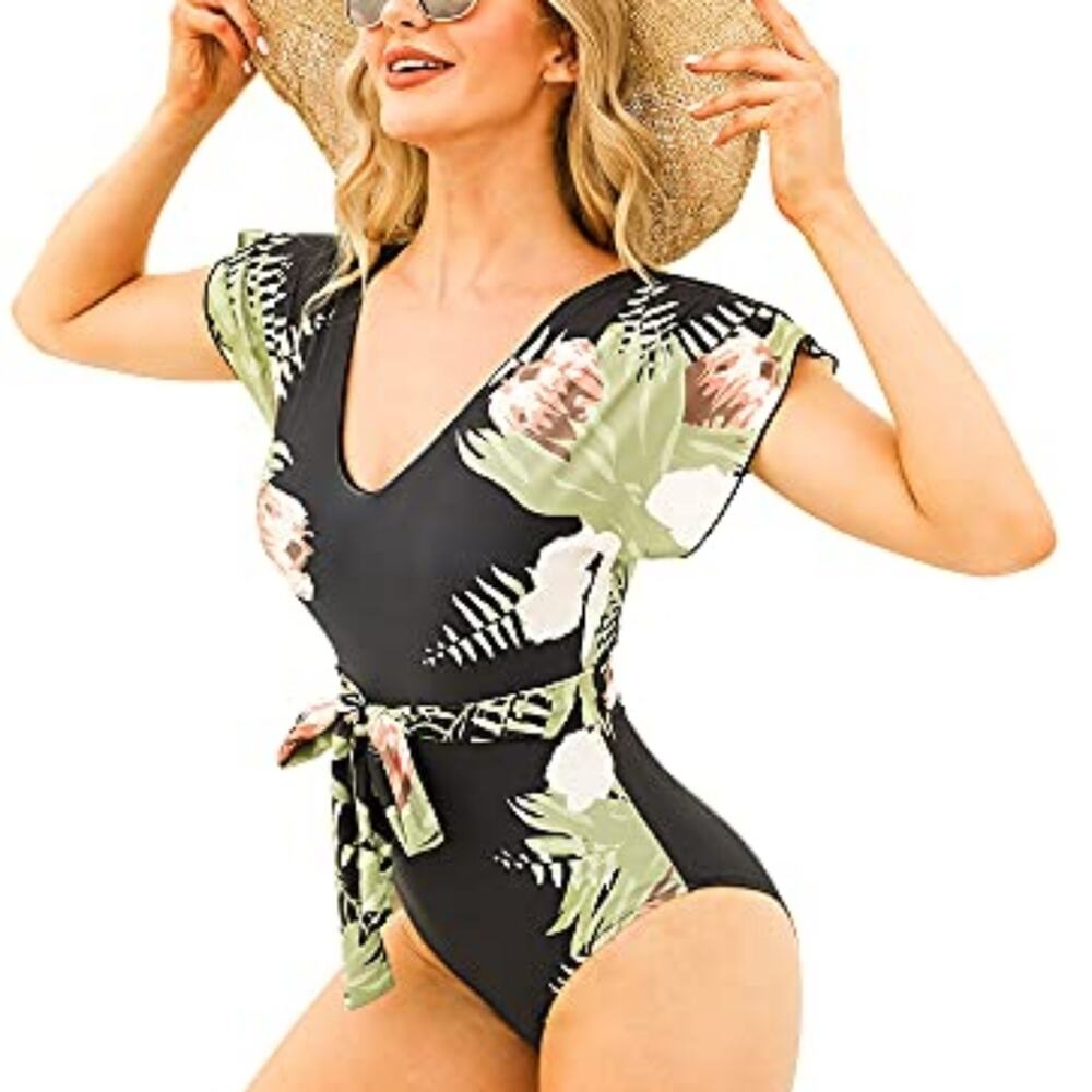 New V Neck One Piece Swimsuit Tropical Floral Ruffle Bathing Suit 492 Black M